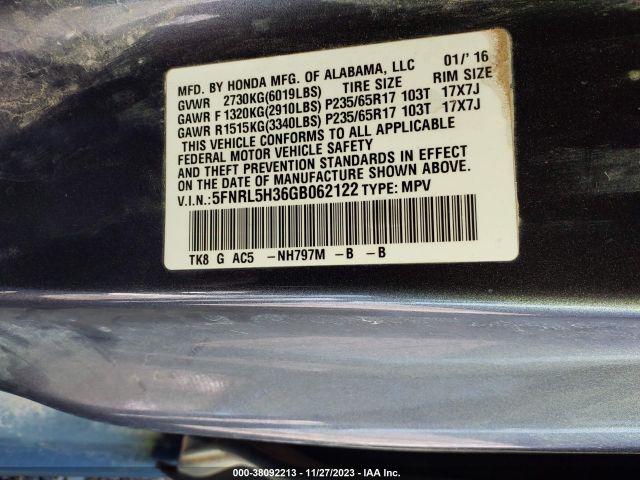 5FNRL5H36GB062122 Honda ODYSSEY SE