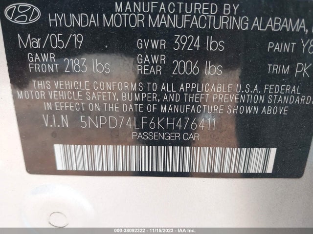 2019 HYUNDAI ELANTRA SE VIN: 5NPD74LF6KH476411