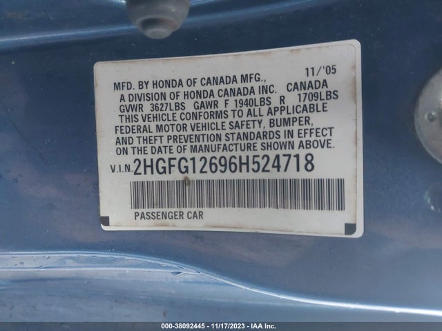 2006 HONDA CIVIC LX VIN: 2HGFG12696H524718
