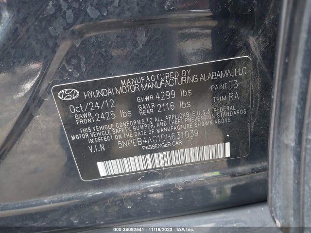 2013 HYUNDAI SONATA GLS VIN: 5NPEB4AC1DH631039