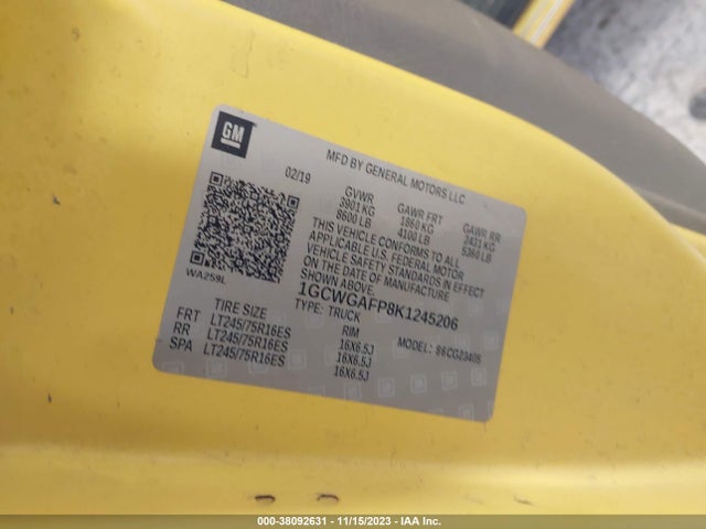 Chevrolet Express 2500 Work Van 2019 1GCWGAFP8K1245206 Image 9