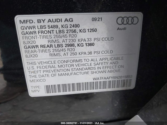 WA1FAAFY5N2015853 Audi Q5 Prestige 45 Tfsi S Line Quattro S Tronic