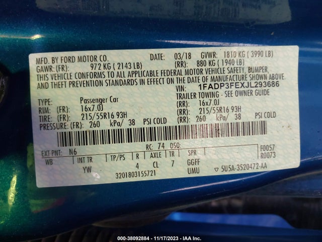 2018 FORD FOCUS SE VIN: 1FADP3FEXJL293686