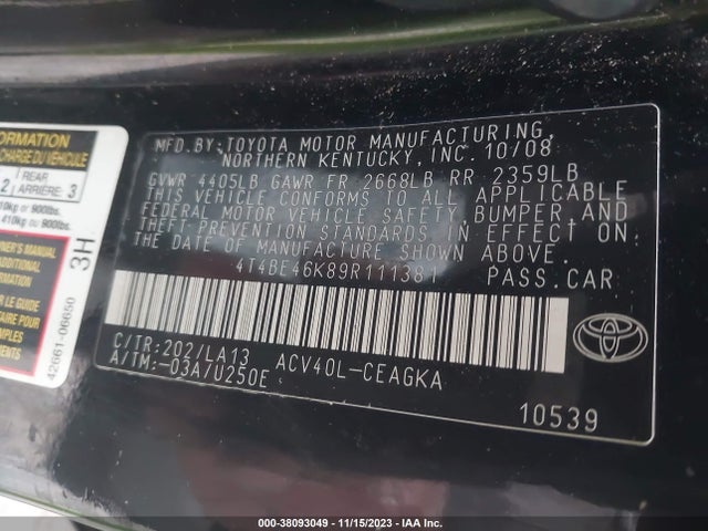 2009 TOYOTA CAMRY XLE VIN: 4T4BE46K89R111381