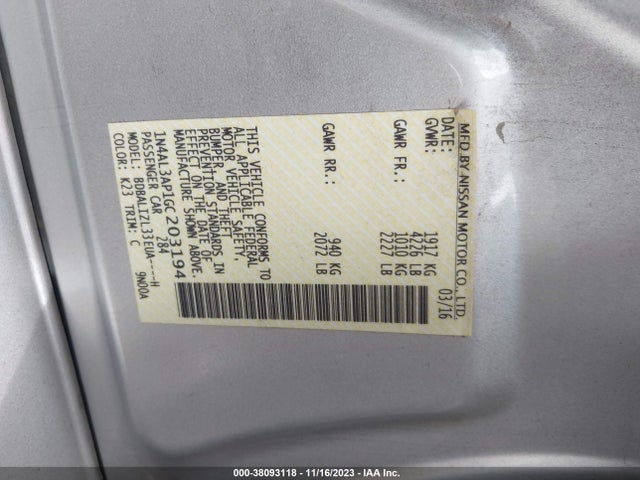 Nissan Altima 2.5 Sv 2016 1N4AL3AP1GC203194 Image 9