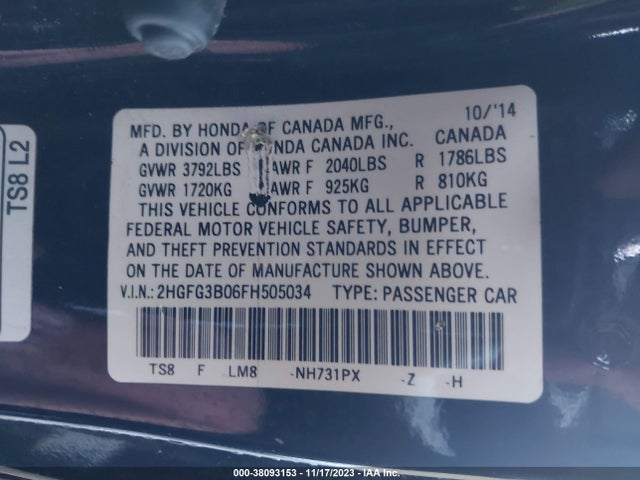 2015 HONDA CIVIC EX-L VIN: 2HGFG3B06FH505034