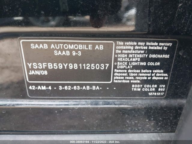 2008 SAAB 9-3 YS3FB59Y981125037 Photo 8