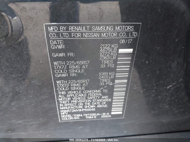 2017 NISSAN ROGUE SV VIN: KNMAT2MV9HP619146