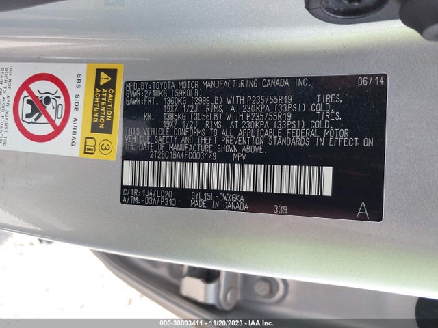 2015 LEXUS RX 450H VIN: 2T2BC1BA4FC003179