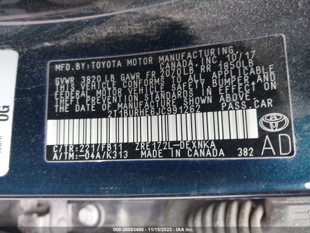 2018 TOYOTA COROLLA L/LE/XLE/SE/XSE VIN: 2T1BURHE6JC991262