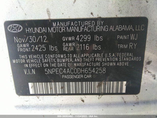 2013 HYUNDAI SONATA LIMITED VIN: 5NPEC4AC0DH654258