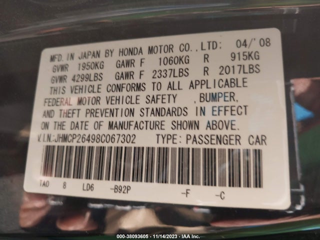 38093605 :رقم المزاد ، JHMCP26498C067302 vin ، 2008 Honda Accord 2.4 Lx-p مزاد بيع