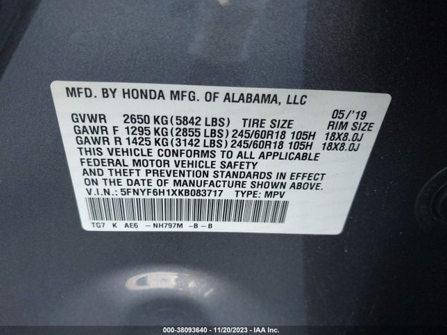 Honda PILOT LX 2019 5FNYF6H1XKB083717 Image 9