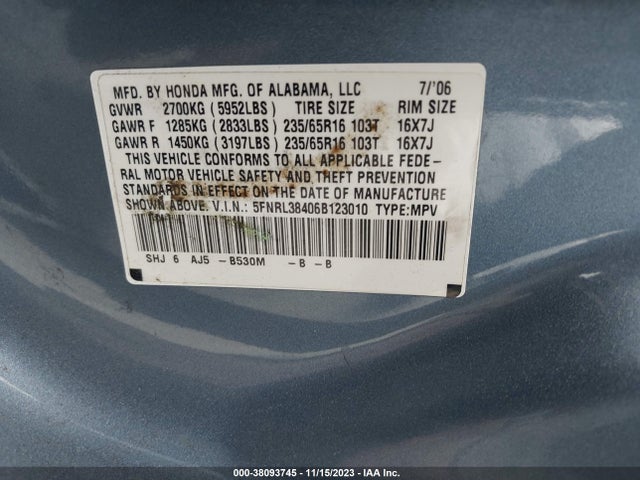 2006 HONDA ODYSSEY EX VIN: 5FNRL38406B123010