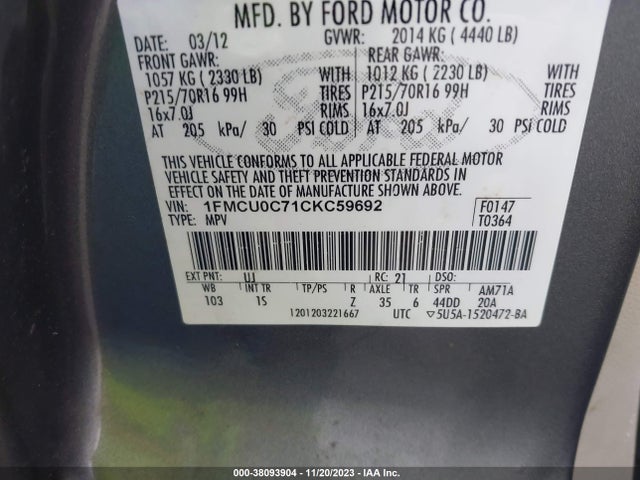 2012 FORD ESCAPE XLS VIN: 1FMCU0C71CKC59692