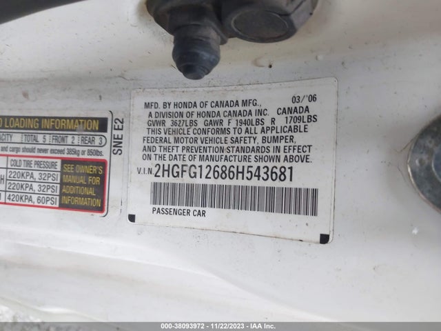 2006 HONDA CIVIC LX VIN: 2HGFG12686H543681