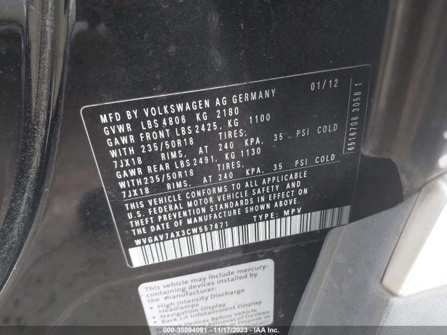 2012 VOLKSWAGEN TIGUAN SE VIN: WVGAV7AX3CW557671