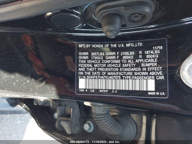 2019 HONDA CIVIC SPORT VIN: SHHFK7H47KU407675