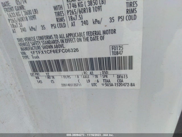 2014 FORD F-150 STX VIN: 1FTFX1CF6EFC06326