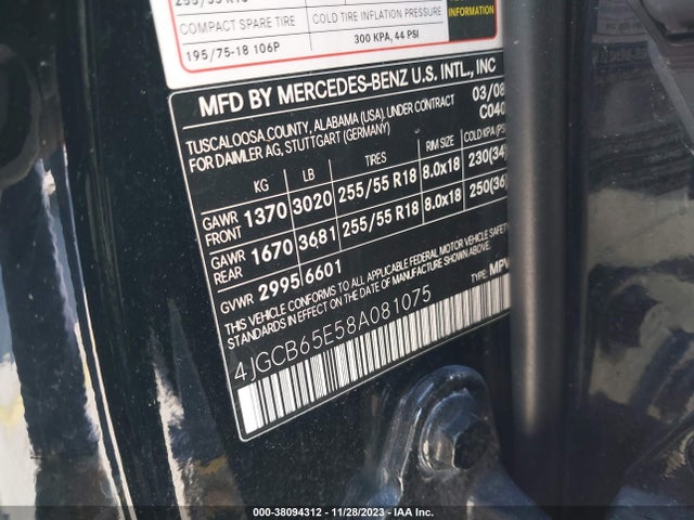 2008 MERCEDES-BENZ R 350 VIN: 4JGCB65E58A081075