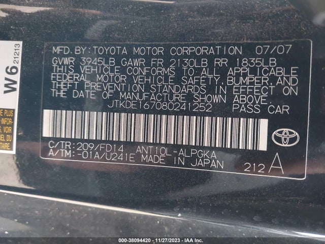 2008 SCION TC VIN: JTKDE167080241252
