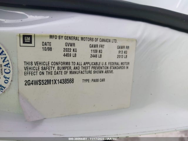 1999 BUICK CENTURY CUSTOM VIN: 2G4WS52M1X1438568