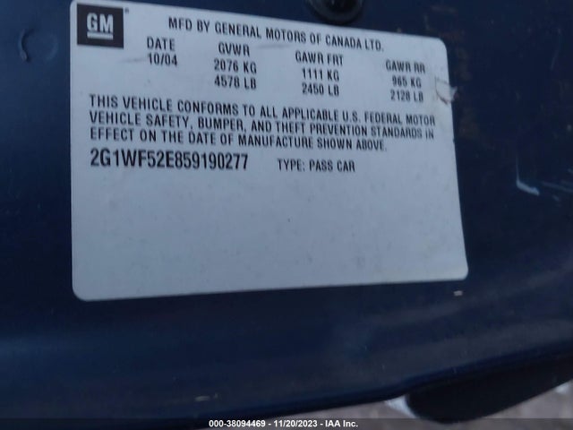 2005 CHEVROLET IMPALA VIN: 2G1WF52E859190277