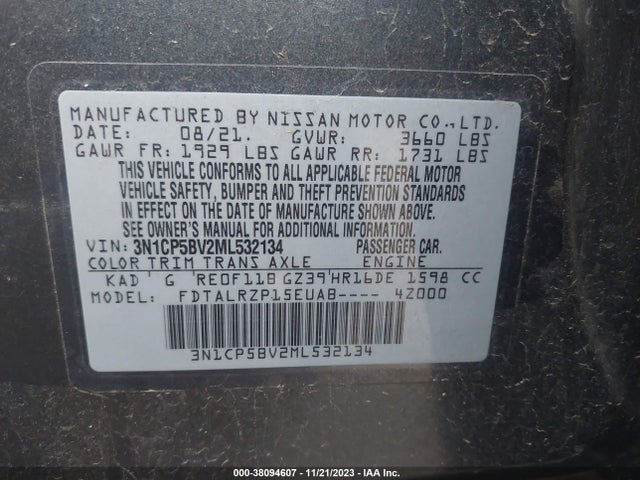 38094607 :رقم المزاد ، 3N1CP5BV2ML532134 vin ، 2021 Nissan Kicks S Xtronic Cvt مزاد بيع