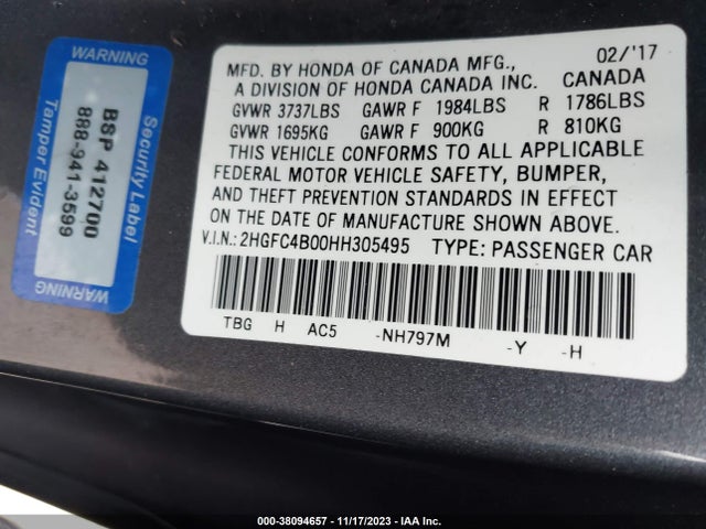 Honda Civic Lx-p 2017 2HGFC4B00HH305495 Image 9