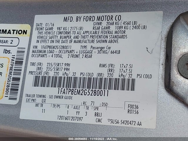 2016 FORD MUSTANG V6 VIN: 1FATP8EM2G5280011