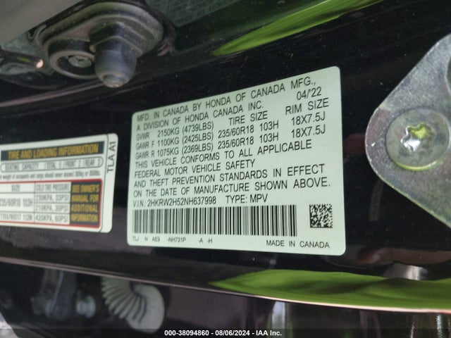 2HKRW2H52NH637998 Honda Cr-v Awd Ex