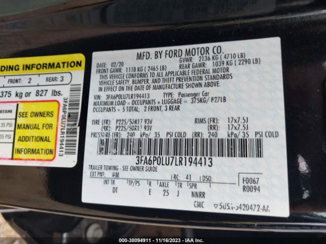 3FA6P0LU7LR194413 Ford Fusion Hybrid Se