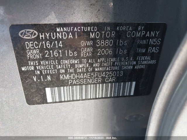 Hyundai Elantra Limited 2015 KMHDH4AE5FU425013 Image 9