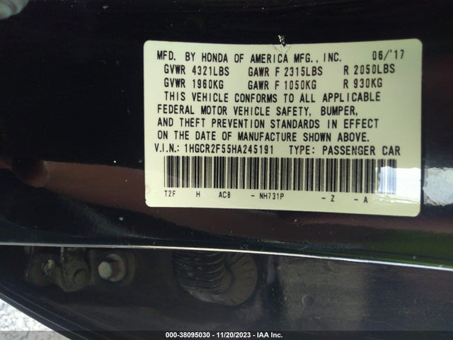 2017 HONDA ACCORD SPORT VIN: 1HGCR2F55HA245191