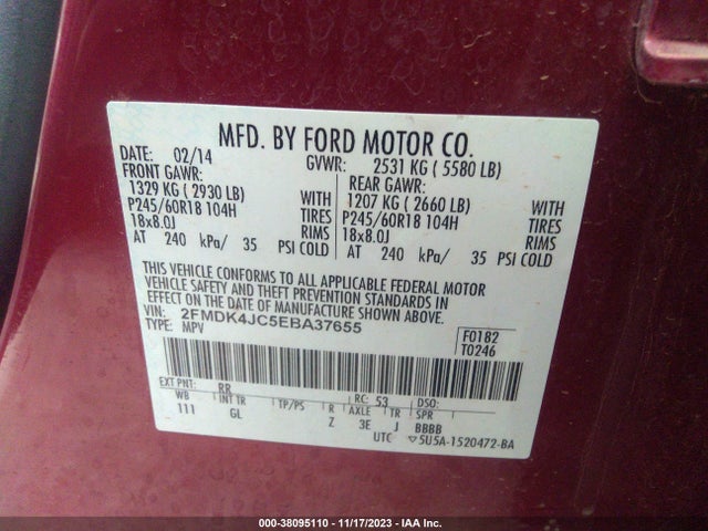 2014 FORD EDGE SEL VIN: 2FMDK4JC5EBA37655