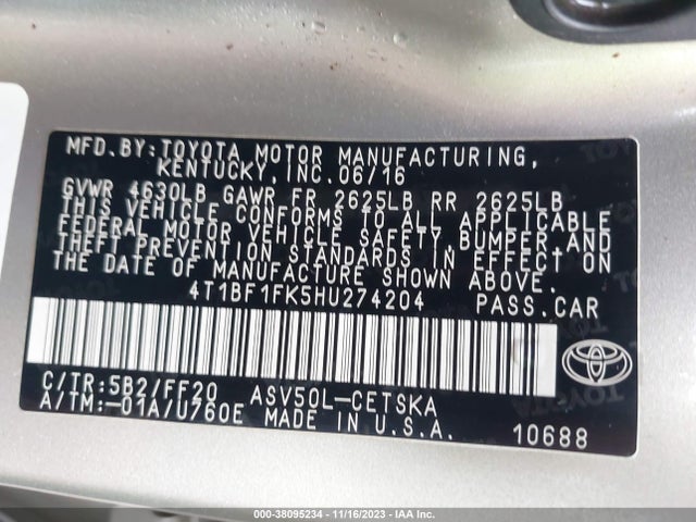 Toyota CAMRY SE 2017 4T1BF1FK5HU274204 Image 9