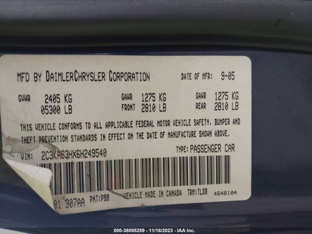 2006 CHRYSLER 300 C VIN: 2C3KA63HX6H249540