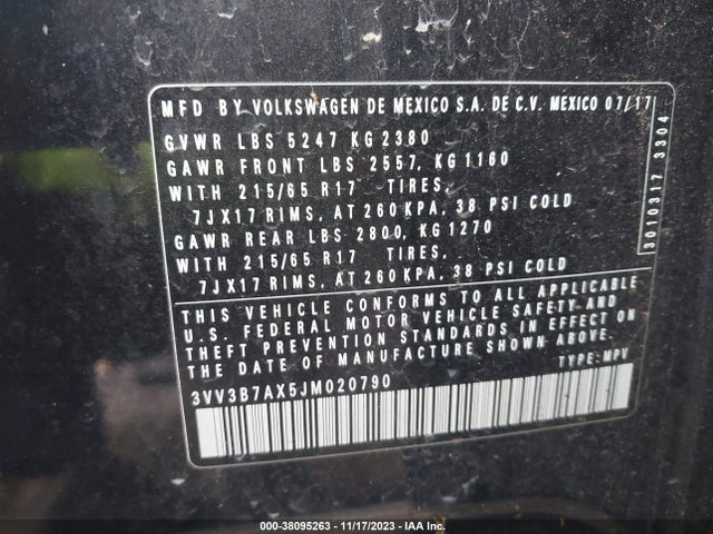 2018 VOLKSWAGEN TIGUAN 2.0T SE/2.0T SEL VIN: 3VV3B7AX5JM020790