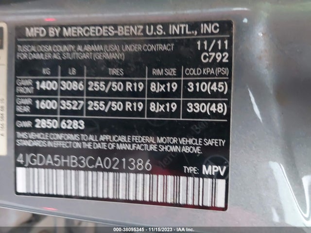 2012 MERCEDES-BENZ ML 350 VIN: 4JGDA5HB3CA021386