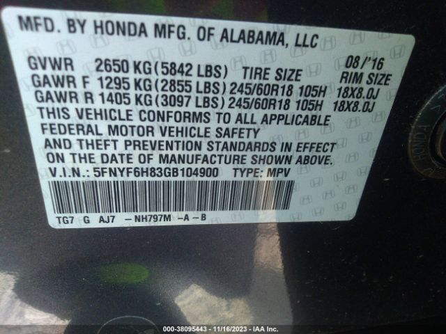 5FNYF6H83GB104900 Honda Pilot Ex-l