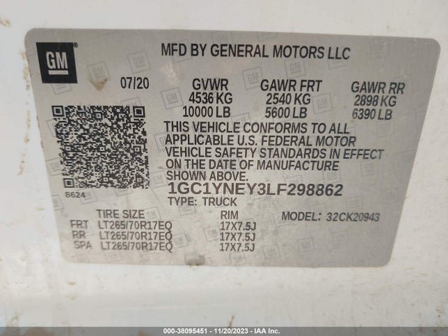 2020 CHEVROLET SILVERADO 2500HD 4WD LONG BED LT VIN: 1GC1YNEY3LF298862