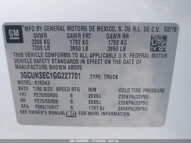 2016 CHEVROLET SILVERADO 1500 1LZ VIN: 3GCUKSEC1GG227701