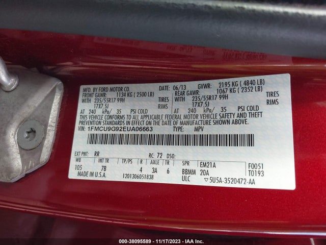 2014 FORD ESCAPE SE VIN: 1FMCU9G92EUA06663