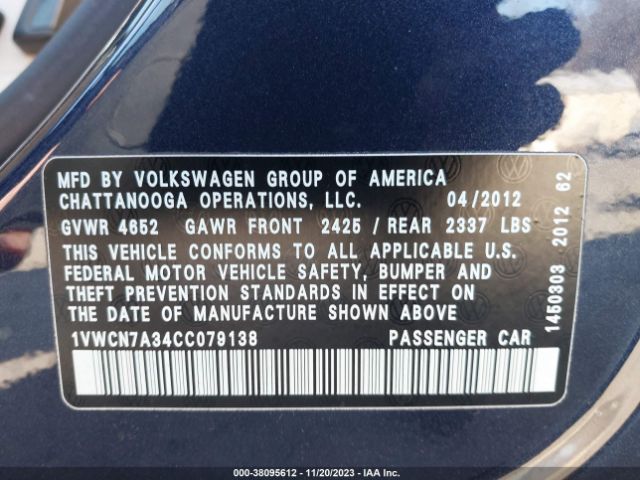 2012 VOLKSWAGEN PASSAT 1VWCN7A34CC079138 Photo 8