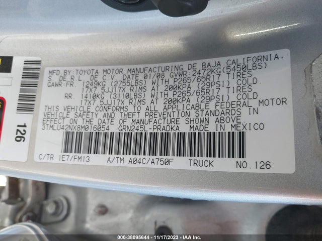 2008 TOYOTA TACOMA BASE V6 VIN: 3TMLU42NX8M016054