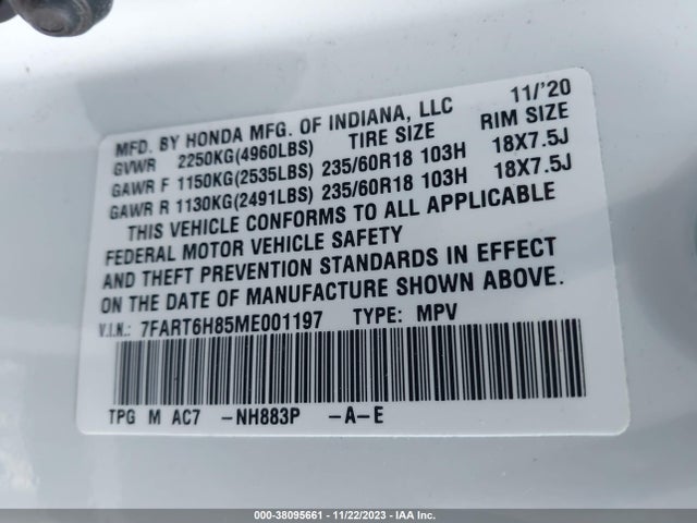 2021 HONDA CR-V HYBRID EX-L VIN: 7FART6H85ME001197