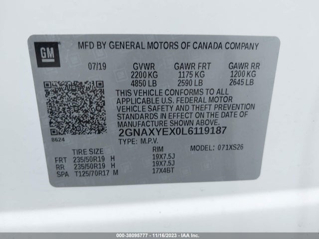 2020 CHEVROLET EQUINOX AWD PREMIER 2.0L TURBO VIN: 2GNAXYEX0L6119187