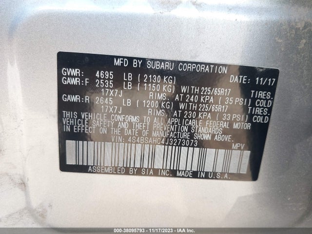 2018 SUBARU OUTBACK 2.5I PREMIUM VIN: 4S4BSAHC4J3273073