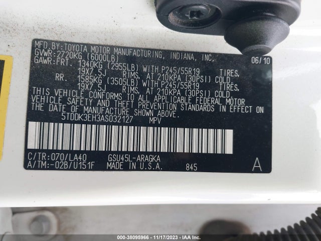 2010 TOYOTA HIGHLANDER LIMITED VIN: 5TDDK3EH3AS032127