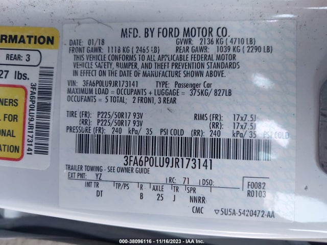 2018 FORD FUSION HYBRID SE VIN: 3FA6P0LU9JR173141